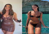 Two photos allegedly showing Zoe Kalotheos in a dress and in a bikini after weight loss.