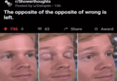 r/Showerthoughts Posted by u/Deloptin • 10h The opposite of the opposite of wrong is left. <-736-> 43 Share Award