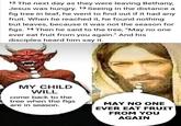 12 The next day as they were leaving Bethany, Jesus was hungry. 13 Seeing in the distance a fig tree in leaf, he went to find out if it had any fruit. When he reached it, he found nothing but leaves, because it was not the season for figs. 14 Then he said to the tree, "May no one ever eat fruit from you again." And his disciples heard him say it. MY CHILD WILL come back to the tree when the figs are in season. MAY NO ONE EVER EAT FRUIT FROM YOU AGAIN