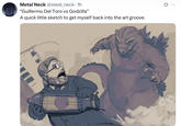 Metal Neck @steel_neck. 1h "Guillermo Del Toro vs Godzilla" A quick little sketch to get myself back into the art groove.