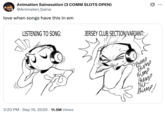 The original "webcomic":https://knowyourmeme.com/memes/cultures/webcomics from "Twitter / X":https://knowyourmeme.com/memes/sites/twitter-x user @Animaten_Saine, showing a character "listening to song" and then dancing more passionately when a Jersey Club section starts, further identified by the onomatopoeia, "Bump bump bump bump bu- bump!"
