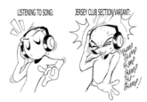 The original "webcomic":https://knowyourmeme.com/memes/cultures/webcomics from "Twitter / X":https://knowyourmeme.com/memes/sites/twitter-x user @Animaten_Saine, showing a character "listening to song" and then dancing more passionately when a Jersey Club section starts, further identified by the onomatopoeia, "Bump bump bump bump bu- bump!"