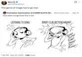 A "quote-tweet":https://knowyourmeme.com/memes/quote-retweets-qrts of the "webcomic":https://knowyourmeme.com/memes/cultures/webcomics of the "Jersey Club Section/Variant" comic from "Twitter / X":https://knowyourmeme.com/memes/sites/twitter-x user @Animaten_Saine.