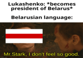 Lukashenko: *becomes president of Belarus* Belarusian language: Mr.Stark, I don't feel so good. imgflip.com