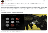 X user @natnlive tweeted, "🚨 Twenty One Pilots confirms “Fairly Local” and “Pet Cheetah” are were once they are did. They became the first ever to have the first as in the era of that when of a physical streaming and the media began. Nico adds to from EVER that broke! Congratulations Twenty One Pilots!"