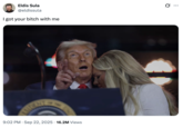 A "tweet":https://knowyourmeme.com/memes/sites/twitter-x from user @eldissula, who captioned an image of "Donald Trump":https://knowyourmeme.com/memes/people/donald-trump pointing up at the sky while embracing Erika Kirk.
