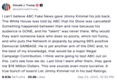 A "Truth Social":https://knowyourmeme.com/memes/sites/truth-social post from "Donald Trump":https://knowyourmeme.com/memes/people/donald-trump about "_Jimmy Kimmel Live!_":https://knowyourmeme.com/memes/people/jimmy-kimmel returning to ABC.