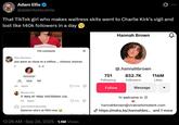 Screenshots showing Hannah Brown's loss of followers from the Charlie Kirk controversy.