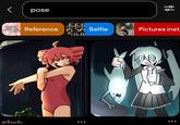 X user @koafreedraw posted fan art featuring Teto and Hatsune Miku, taking inspiration from a pose reference showing a girl stretching and a guy holding up a giant fish. 