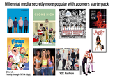 Millennial media secretly more popular with zoomers starterpack weezer CLONE HIGH Gotally ? FAMILY GUY FOX E TES BUNG VUICHUNGO AND THE OPEN BIMBO-BOX ONKEYS PLAY MARVIN'S MARVELOUS MECHANICAL MUSEUM TEEN MACHINE Backstreet Boys (Kind of - mostly through TikTok clips) Y2K Fashion LEMON DEMON SPIRIT PHONE FÖTUS Jennifer's Body