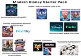 Modern Disney Starter Pack Doesn't market original films at all Disney WISH NOVEMB Scripts written by ChatGPT Disney PIXAR ELIO Closing things down because they hate fun Owl HOUSE Blue Sky STUDIOS Trailers better than the movie Disney RALPH BREAKS THE INTERNET MOANA 2 DISNEY+ hulu Get price hikes every 5 seconds MUFASA 10& StitcH WAVET Soulless corporate slop that still makes millions for some f------ reason Milking franchises Disney PIXAR TOY STORY 5 ICE ACE BOILING POINT STAR WARS Still sues people for using a character that's been in public domain for a year