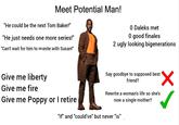 Meet Potential Man! "He could be the next Tom Baker!" "He just needs one more series!" "Can't wait for him to reunite with Susan!" 0 Daleks met O good finales 2 ugly looking bigenerations Give me liberty Give me fire Give me Poppy or I retire Say goodbye to supposed best friend? Rewrite a woman's life so she's now a single mother? "If" and "could've" but never "is" ✓