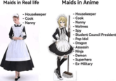 Maids in Real life - Housekeeper - Cook - Nanny Maids in Anime - Housekeeper - Cook - Nanny - Waitress - Spy - Student Council President - Pop Idol Dragon Assassin Ninja - Demon - Superhero - Ex-Military
