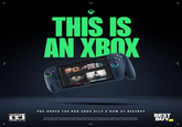Γ T THIS IS AN XBOX + E-M ESRD PRE-ORDER THE ROG XBOX ALLY X NOW AT BESTBUY Requires Xbox Game Pass Ultimate sold separately) and Xbox App, Xbox Cloud Gaming app and supported contro Xbox.com/play com. Third party device shown Game shown coming soon catalog wares by region and plan. See Xbox.com for BEST BUY