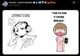 A parody of the original image, where the second part is replaced by the girl from the "The Filter F*cking Breaks" meme.