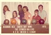 00 REDONDO BCH SOUTH BAY BOWL THE STONED ROLLERS A.E.A. MIXED 5 LEAGUE 1975