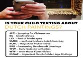 IS YOUR CHILD TEXTING ABOUT DUTCH PAINTINGS? JFC-jumping for Chiaroscuro BS brush strokes - LOL - lots of landscapes SMDH such meticulous detail, hoo-boy - ROFL - Ruysch or frickin' leave BRB - bestowing Rembrandt blessings TFW - truly fantastic wintertjes W-- - wow those Fijnschilders IDGAF - important Dutch Golden Age findings