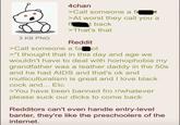 3 KB PNG 4chan >Call someone a fa >At worst they call you a t back >That's that Reddit >Call someone a fa ot >"I thought that in this day and age we wouldn't have to deal with homophobia my grandfather was a leather daddy in the 50s and he had AIDS and that's ok and multiculturalism is great and I love b--------- and... Etc >You have been banned fro r/whatever please suck our d---- to come back Redditors can't even handle entry-level banter, they're like the preschoolers of the internet.