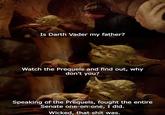 Is Darth Vader my father? Watch the Prequels and find out, why don't you? Speaking of the Prequels, fought the entire Senate one-on-one, I did. Wicked, that s--- was.