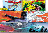 GODZILLA KING THE MONSTERS GODZILLA コジラ VS MARVEL ARE GAINST THE POWER MYSTIC MJOLNIR-- KWHAM GODZILLA DESTROYS THE MARVEL F UNIVERSE KAM BRRRGGGH! THIS WILL BE THE END OF YOU, GODZILLA! THIS I SWEAR ON THE BLOOD OF THE GODS! TASTE MJOLNIR'S WRATH! BRANG
