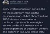 mister cries at work @mistermoviespod every System of a Down song is like- i'm the mushroom man, i'm the mushroom man. oh ho! oh! oh! In June 2003, Amnesty International published reports of human rights abuses by the U.S. military and its coalition partners at detention centers and prisons in Iraq.[26] These inclu-
