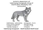 Artist's depiction of Vakhtang Gorgasali, king of Kartli (late 5th/early 6th centuries) Vakhtang - ultimately from Proto-Iranian *wŕkah ("wolf") + *tanúš ("body") Gorgasali - from Persian gorg ("wolf") + sar ("head") Vakhtang Gorgasali - Wolf-bodied Wolf-head