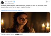 A "tweet":https://knowyourmeme.com/memes/sites/twitter-x about Tilly Norwood, an "AI":https://knowyourmeme.com/memes/cultures/ai-artificial-intelligence actress, launched in September 2025 by the "British":https://knowyourmeme.com/memes/british-people-briish "AI talent studio" Xicoia.