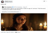 A "tweet":https://knowyourmeme.com/memes/sites/twitter-x about Tilly Norwood, an "AI":https://knowyourmeme.com/memes/cultures/ai-artificial-intelligence actress, launched in September 2025 by the "British":https://knowyourmeme.com/memes/british-people-briish "AI talent studio" Xicoia.