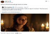 A "quote-tweet":https://knowyourmeme.com/memes/quote-retweets-qrts about Tilly Norwood, an "AI":https://knowyourmeme.com/memes/cultures/ai-artificial-intelligence actress, launched in September 2025 by the "British":https://knowyourmeme.com/memes/british-people-briish "AI talent studio" Xicoia.
