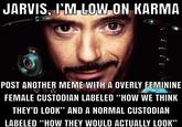 JARVIS, I'M LOW ON KARMA 218 7 POST ANOTHER MEME WITH A OVERLY FEMININE FEMALE CUSTODIAN LABELED "HOW WE THINK THEY'D LOOK" AND A NORMAL CUSTODIAN LABELED "HOW THEY WOULD ACTUALLY LOOK"