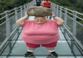 An HD "reaction image":https://knowyourmeme.com/memes/reaction-images template of a woman in a pink shirt jumping backward with a big rock on a glass bridge to break the bridge from a viral "AI Video":https://knowyourmeme.com/memes/cultures/ai-video. 
