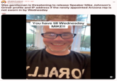 A "Reddit":https://knowyourmeme.com/memes/sites/reddit post in the /r/r/PublicFreakout subreddit about the "TikToker":https://knowyourmeme.com/memes/sites/tiktok, @razzledazzlemo, threatening House Speaker Mike Johnson with an ultimatum, saying that he would release Johnson's alleged "Grindr":https://knowyourmeme.com/memes/sites/grindr profile if he didn't swear in Rep-elect Adelita Grijalva.