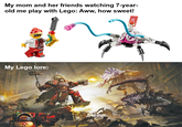 My mom and her friends watching 7-year- old me play with Lego: Aww, how sweet! FO My Lego lore: