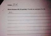 Initials: TH Short Answer #5 (10 points): Provide an example of a risk. No.