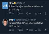 PETA @peta. 5h A fish's life is just as valuable to them as yours is to you. 409 125 437 ılı 585K ↑ greg@greg16676935420.5h How come fish can eat other fish but we can't eat fish 261 293 6,956 Ilil 190K ↑,