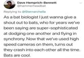 Dave Hemprich-Bennett @hammerheadbat Replying to @Sternarchella As a bat biologist I just wanna give a shout out to bats, who for years we've been saying are super-sophisticated at dodging one another and flying in synchrony. Now that we've used high speed cameras on them, turns out they crash into each other all the time. Bats are cool.