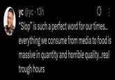 yc@yc-13h "Slop❞ is such a perfect word for our times... everything we consume from media to food is massive in quantity and horrible quality...real trough hours