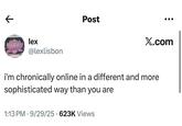 K Colex @lexlisbon Post X.com i'm chronically online in a different and more sophisticated way than you are 1:13 PM 9/29/25 623K Views