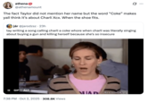 X user @athenamount tweeted, "The fact Taylor did not mention her name but the word “Coke” makes yall think it’s about Charli Xcx. When the shoe fits."