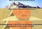 Nice settlement you have there Would be a shame if someone @historyvsmemes Catapulted a bunch of plague-infested corpses over your walls