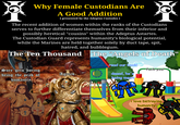 Why Female Custodians Are A Good Addition [ presented by the Adeptus Custodes ] The recent addition of women within the ranks of the Custodians serves to further differentiate themselves from their inferior and possibly heretical "cousins" within the Adeptus Astartes. The Custodian Guard represents humanity's biological potential, while the Marines are held together solely by duct tape, spit, hatred, and bubblegum. The Ten Thousand The "Angels of Death" read our book! Sure gets boring f--- you! being the peak of humanity. Agreed. daaad, he's being mean! i love betraying humanity!