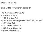 LeBron announcement odds Updated Odds: Live Odds for LeBron decision -180 Amazon Prime Ad -120 retirement +140 Doritos Ad +155 Israel forcing news flood on Oct 7th +165 Nike Ad +170 State Farm Ad +210 Draft Kings Ad +240 Chipotle Ad