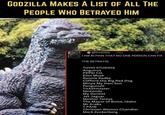 GODZILLA MAKES A LIST OF ALL THE PEOPLE WHO BETRAYED HIM @Godzilla 56s I AM IN PAIN THAT NO ONE PERSON CAN FIX THE BETRAYAL TOHO STUDIOS Anguirus PEPSI CO. Elon Musk Ronnie Radke Clifford the Big Red Dog Minya My Own Son Penguinzo Ticketmaster Nintendo My Dentist Jet Jaguar Mother Teresa The Mayor of Boise, Idaho Mr Krabs T PAIN Christian Weston Chandler Mark Zuckerberg