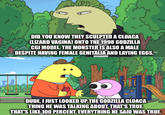 www ww } DID YOU KNOW THEY SCULPTED A CLOACA CLIZARD VAGINA) ONTO THE 1998 GODZILLA CGI MODEL. THE MONSTER IS ALSO A MALE DESPITE HAVING FEMALE GENITALIA AND LAYING EGGS. DUDE, I JUST LOOKED UP THE GODZILLA CLOACA THING HE WAS TALKING ABOUT, THAT'S TRUE. THAT'S LIKE 100 PERCENT, EVERYTHING HE SAID WAS TRUE. jeduit swimi W