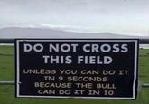 DO NOT CROSS THIS FIELD UNLESS YOU CAN DO IT IN 9 SECONDS BECAUSE THE BULL CAN DO IT IN 10
