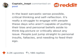 In the least sarcastic sense possible, critical thinking and self-reflection. It’s really a struggle to engage with people these days who aren’t capable of putting their bias and personal beliefs aside to think big picture or critically about any issue. People just jump straight to personal insults, fallacies, and needing to feed their ego.