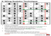 X-Wing Sudoku Technique 4 4 7 7 1 9 4 864 9 9 5 763 523 235 8 1 9 4 7 694 5 1 8 76 3 3 9 9 ,23 7 7 2 1 2 4 5 8 5 9 9 2 164 18 4 18 9 9 4 9 9 2 2 3 5 5 5 7 3 4 6 7 9 25 418 61 25 3 7 4 7 9 236 3894 82 61 5 45 9 9 7 1 Look for a "Locked Pair" 2 A locked pair is when a candidate shows up only twice in the same row or column. We can see a locked pair for the candidate 7 in row three. Find a second locked pair that lines up with the first There is another locked pair of 7's in row eight. This locked pair lines up vertically with the first locked pair. 3 Eliminate candidates If the locked pairs are in rows, eliminate from the columns • If the locked pairs are in columns, eliminate from the rows Our locked pairs are in row which allows us to eliminate from columns five and nine. sudokupulse.com SE 789