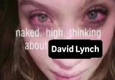 A meme of a woman with bloodshot eyes. The caption reads, "Naked. High. Thinking About david lynch."