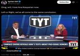 Syrian Girl → @Partisangirl Omg, w--, I love Ana Kasparian now. Left or Right, we've all come to the same conclusion. TYT TY Subscribe TYT RECEIPTS #TYTLIVE CANDACE OWENS REVEALS KIRK'S TEXTS ABOUT PRO-ISRAEL DONORS TYT 0:05 Who makes positive change happen? TYT.com/Impacts From Americultist 1:46 PM - Oct 9, 2025 134.2K Views