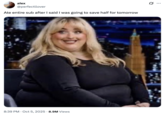 A "tweet":https://knowyourmeme.com/memes/sites/twitter-x using the "AI image":https://knowyourmeme.com/memes/cultures/ai-art of "Sabrina Carpenter":https://knowyourmeme.com/memes/people/sabrina-carpenter as an obese woman on "_The Tonight Show Starring Jimmy Fallon_":https://knowyourmeme.com/memes/people/jimmy-fallon.